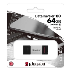 Kingston DataTraveler 80  - Unidad Flash USB, 64 GB, USB 3.2 Gen 1, Tipo-C, Negro/Gris